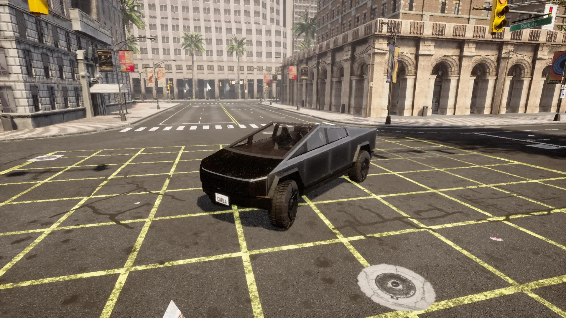 Cybertruck model placed in CARLA's Town 5 urban environment, used as the CARLA-side testbed for the autonomous-driving experiments