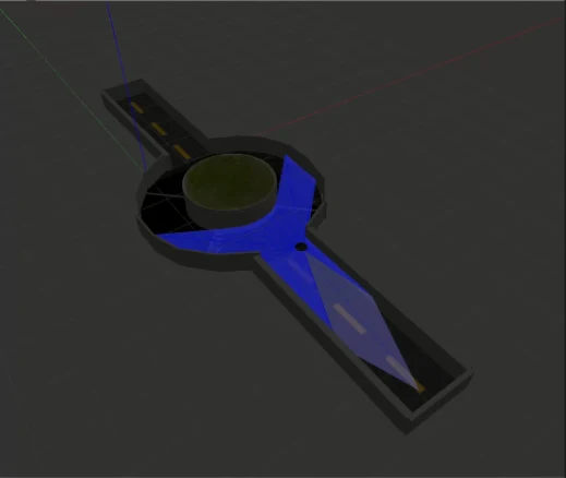TurtleBot3 in the Gazebo roundabout testbed, with the LiDAR scan rendered as a blue cone sweeping the environment